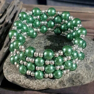 Handcrafted Medium Green Glass Pearl Silver Beads Wrap Bracelet